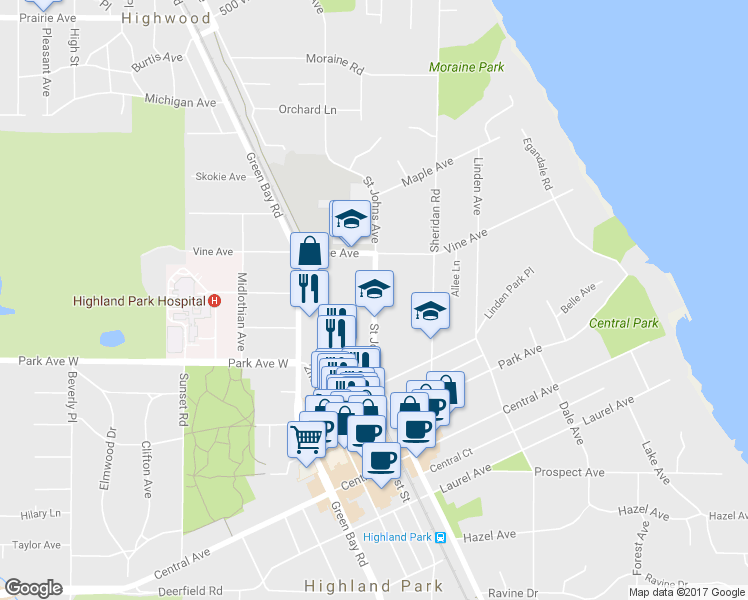 map of restaurants, bars, coffee shops, grocery stores, and more near 2098 Saint Johns Avenue in Highland Park
