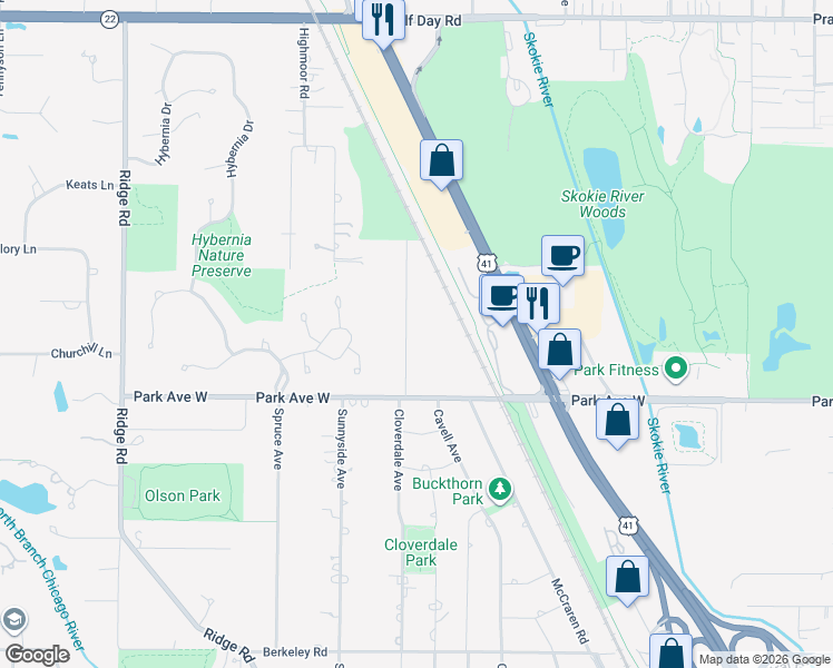 map of restaurants, bars, coffee shops, grocery stores, and more near 2075 Grange Road in Highland Park