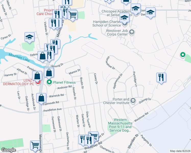 map of restaurants, bars, coffee shops, grocery stores, and more near 309 Casey Drive in Chicopee