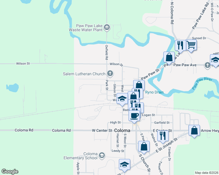 map of restaurants, bars, coffee shops, grocery stores, and more near in Coloma charter Township
