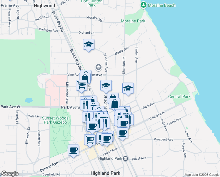 map of restaurants, bars, coffee shops, grocery stores, and more near 2101 Saint Johns Avenue in Highland Park