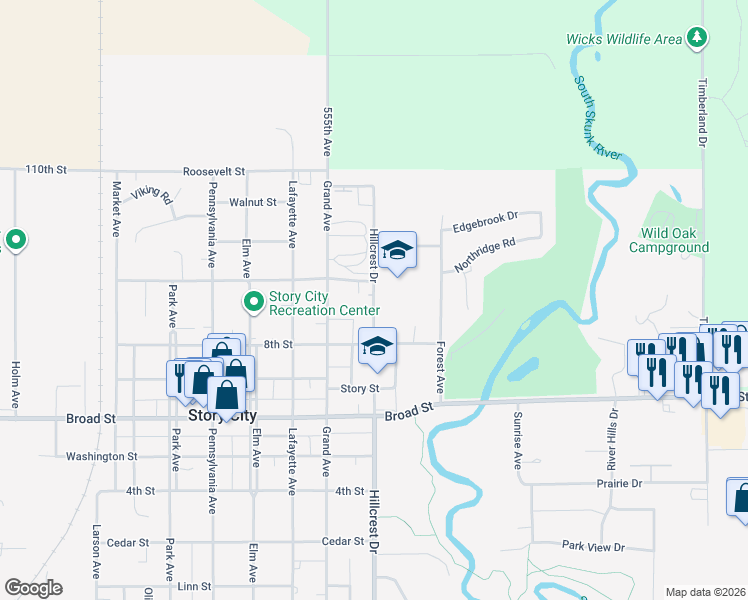 map of restaurants, bars, coffee shops, grocery stores, and more near 900 Hillcrest Drive in Story City