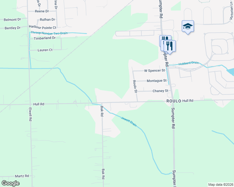 map of restaurants, bars, coffee shops, grocery stores, and more near 46300 Hull Road in Belleville