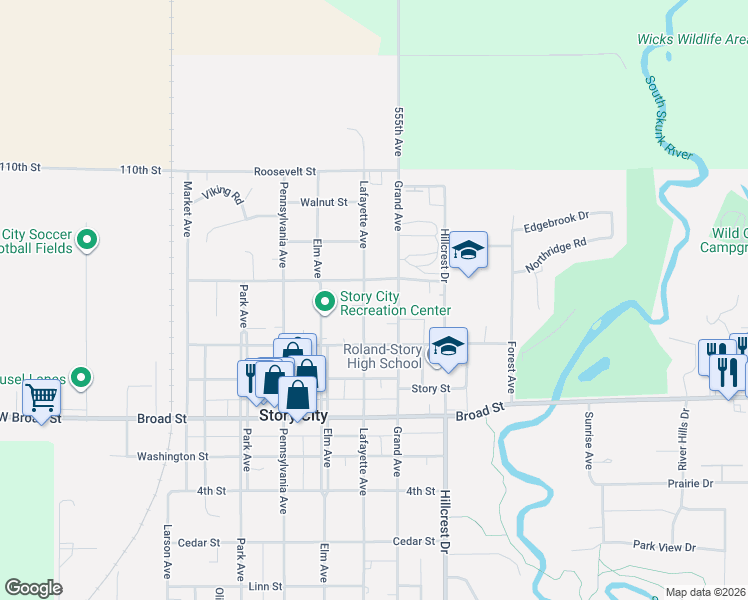 map of restaurants, bars, coffee shops, grocery stores, and more near 828 Lafayette Avenue in Story City