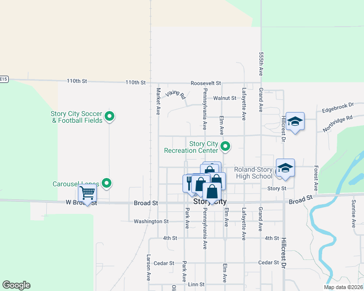 map of restaurants, bars, coffee shops, grocery stores, and more near 830 Maple Court in Story City
