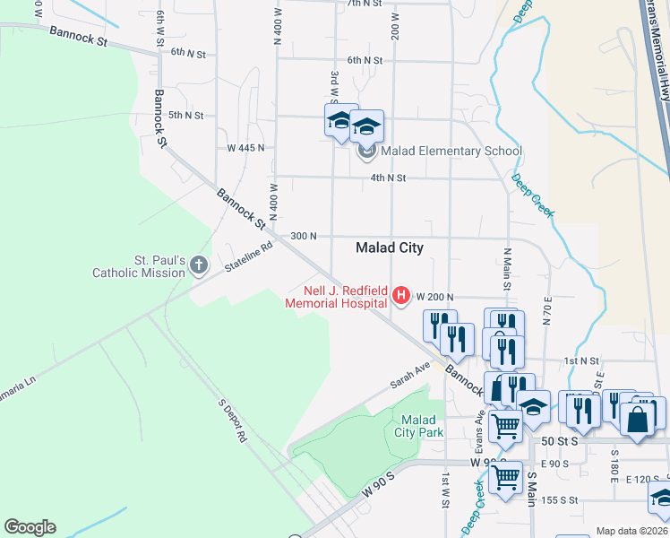 map of restaurants, bars, coffee shops, grocery stores, and more near 301-311 Bannock St in Malad City