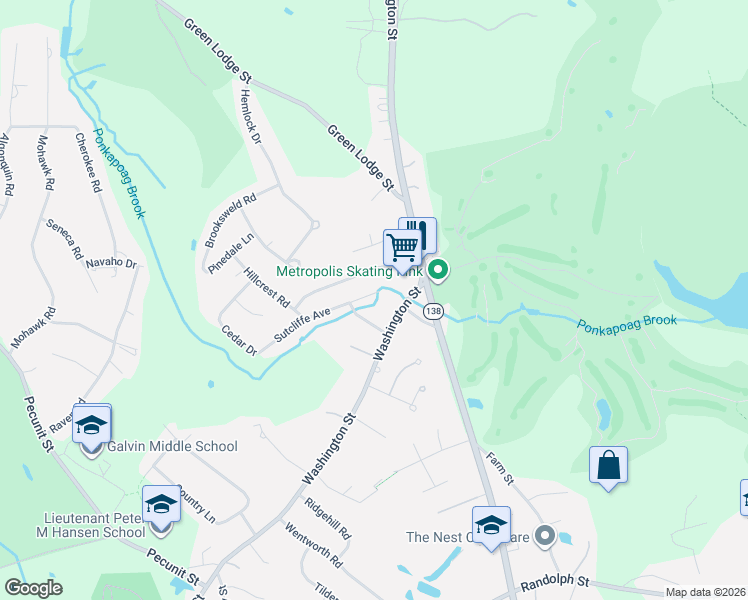 map of restaurants, bars, coffee shops, grocery stores, and more near 2080 Washington Street in Canton