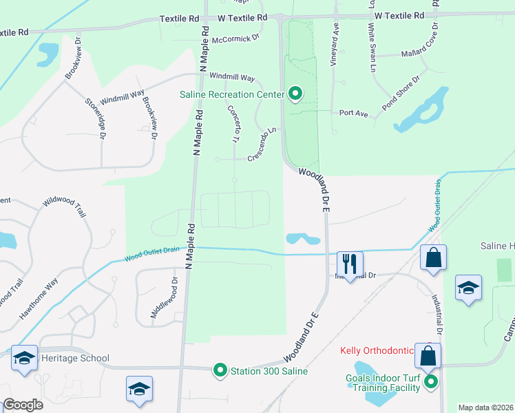 map of restaurants, bars, coffee shops, grocery stores, and more near 6675 North Maple Road in Saline