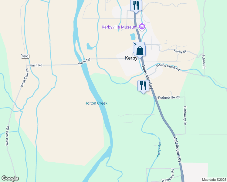 map of restaurants, bars, coffee shops, grocery stores, and more near 24524 Redwood Highway in Kerby