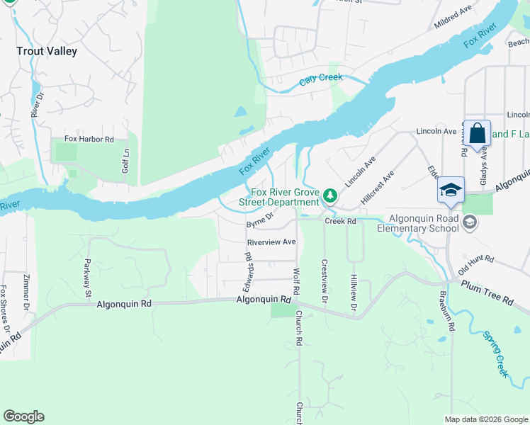 map of restaurants, bars, coffee shops, grocery stores, and more near 9527 Byrne Drive in Fox River Grove