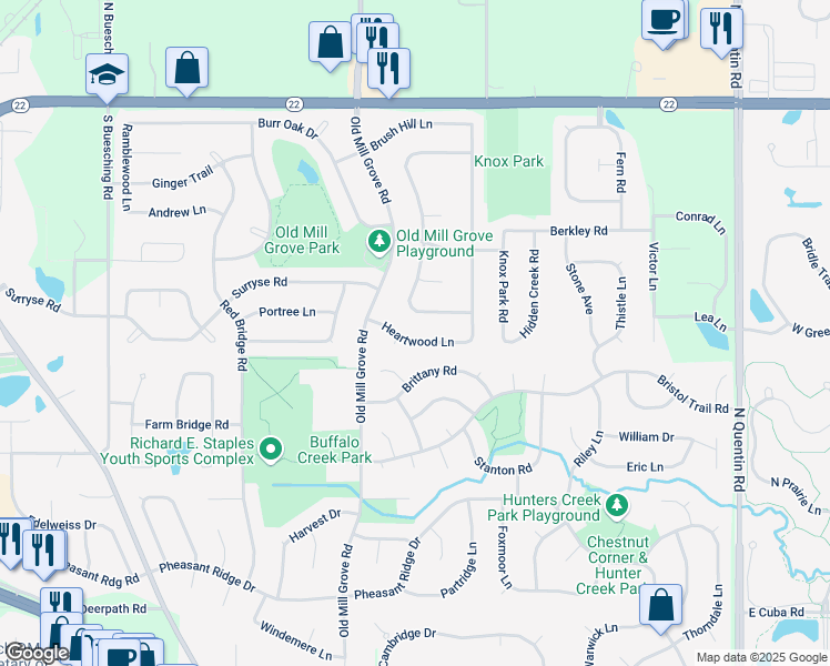 map of restaurants, bars, coffee shops, grocery stores, and more near 971 Heartwood Lane in Lake Zurich