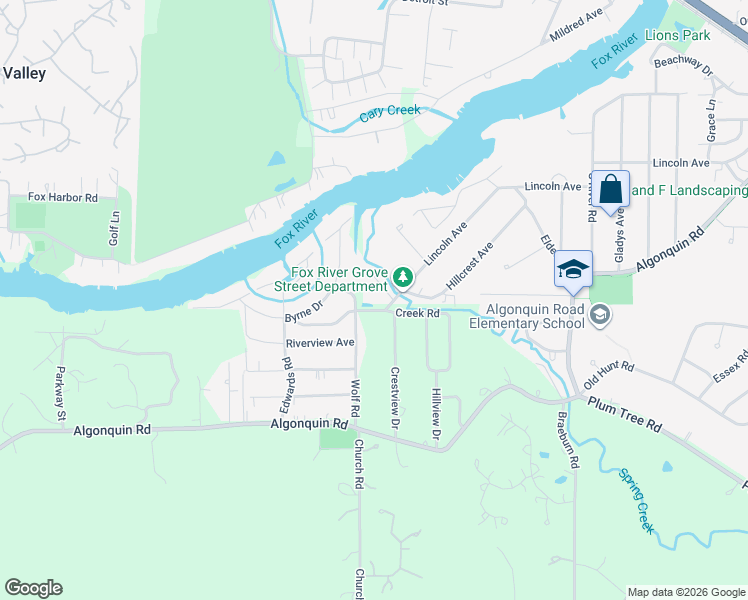 map of restaurants, bars, coffee shops, grocery stores, and more near 1303 Lincoln Avenue in Fox River Grove