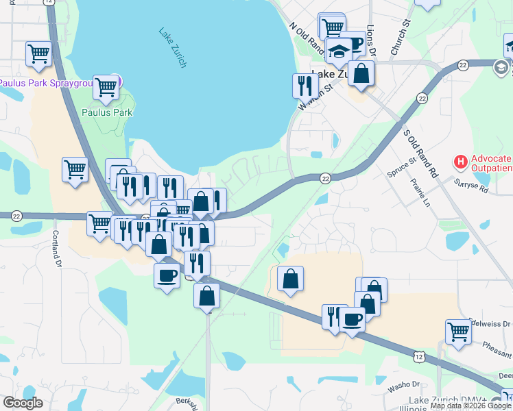 map of restaurants, bars, coffee shops, grocery stores, and more near 351 West State Route 22 in Lake Zurich
