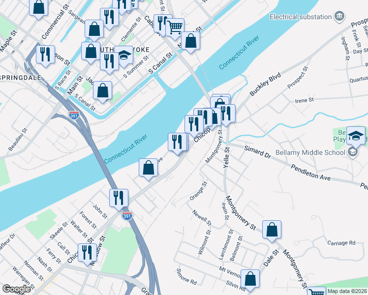 map of restaurants, bars, coffee shops, grocery stores, and more near 938 Chicopee Street in Chicopee