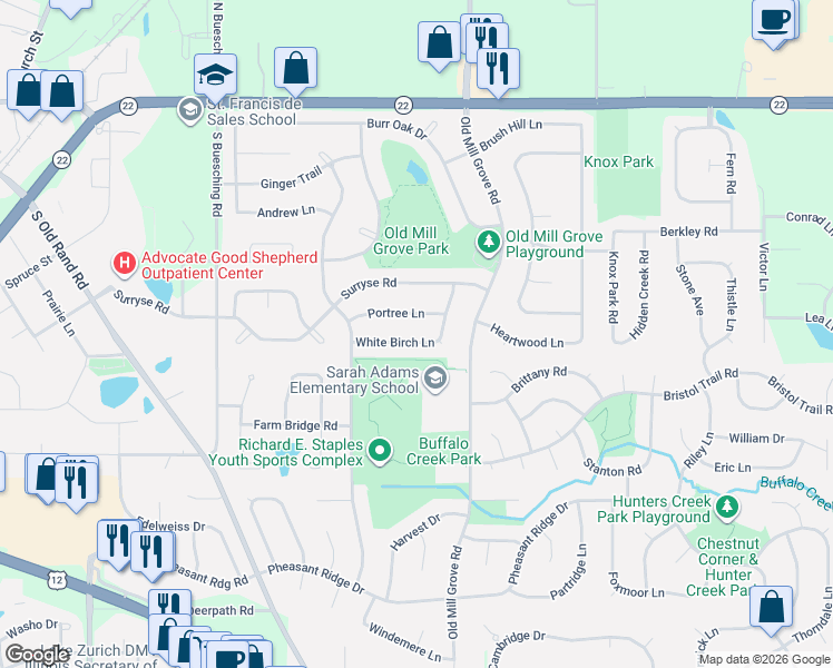 map of restaurants, bars, coffee shops, grocery stores, and more near 835 White Birch Lane in Lake Zurich