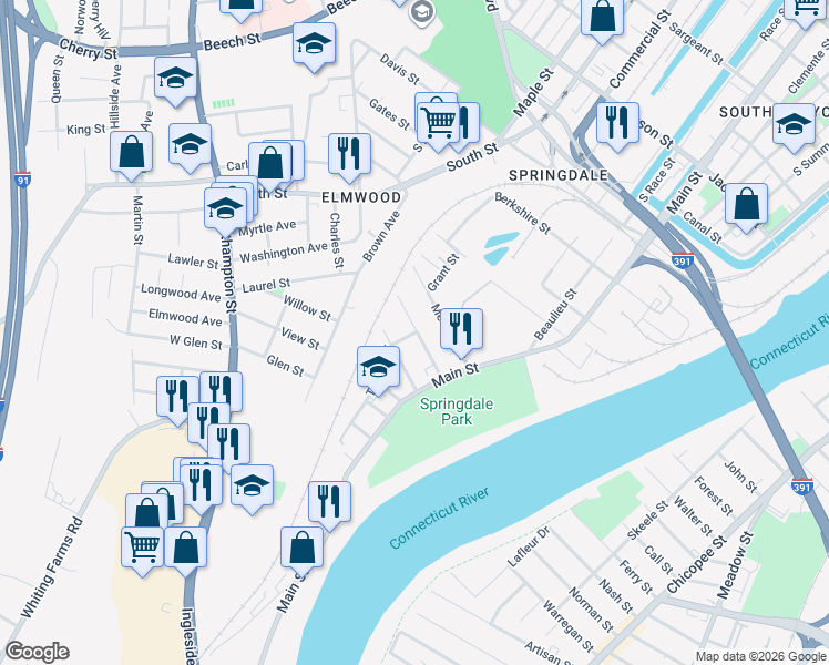 map of restaurants, bars, coffee shops, grocery stores, and more near 1 Temple Street in Holyoke