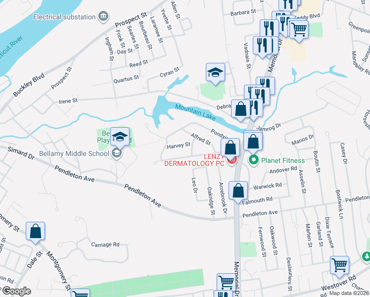 map of restaurants, bars, coffee shops, grocery stores, and more near 118 Mountainview Street in Chicopee