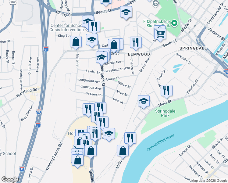 map of restaurants, bars, coffee shops, grocery stores, and more near 1 Larkin Avenue in Holyoke