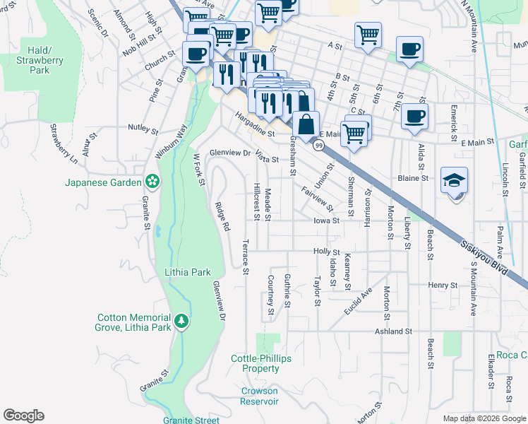 map of restaurants, bars, coffee shops, grocery stores, and more near 227 Meade Street in Ashland