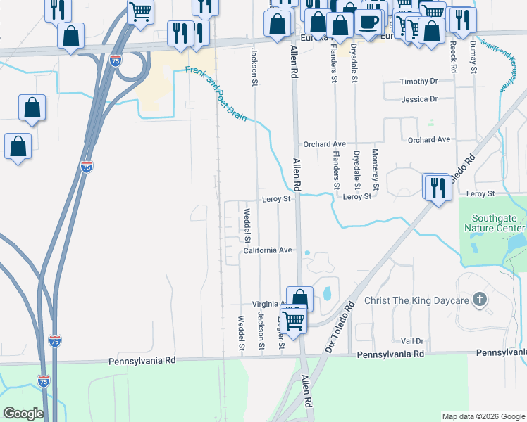 map of restaurants, bars, coffee shops, grocery stores, and more near 16061 Jackson Street in Taylor