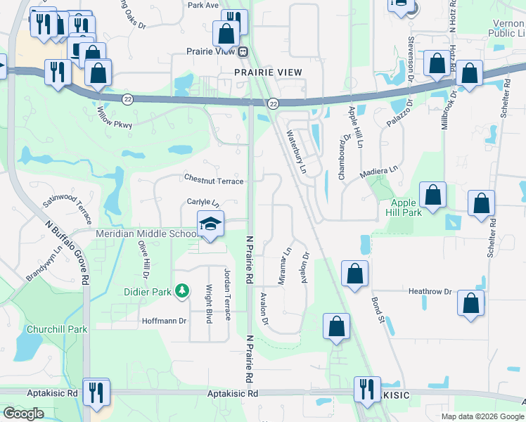 map of restaurants, bars, coffee shops, grocery stores, and more near 2295 Avalon Drive in Buffalo Grove