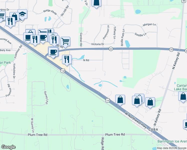 map of restaurants, bars, coffee shops, grocery stores, and more near 1050 Northwest Highway in Fox River Grove