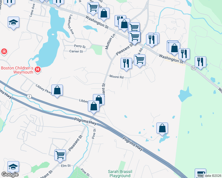 map of restaurants, bars, coffee shops, grocery stores, and more near 647 Pleasant Street in Weymouth