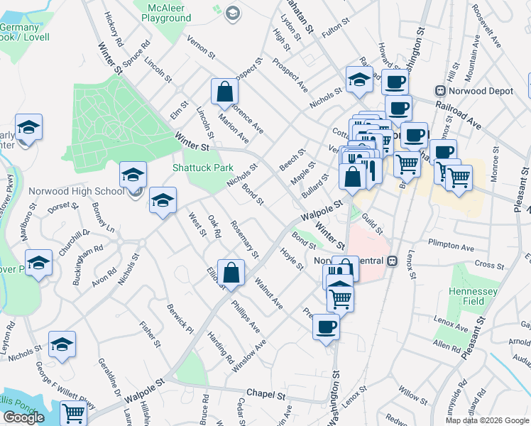 map of restaurants, bars, coffee shops, grocery stores, and more near 35 Chickering Road in Norwood