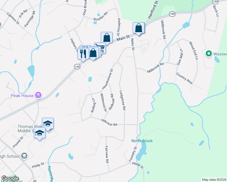 map of restaurants, bars, coffee shops, grocery stores, and more near 9 Belknap Road in Medfield