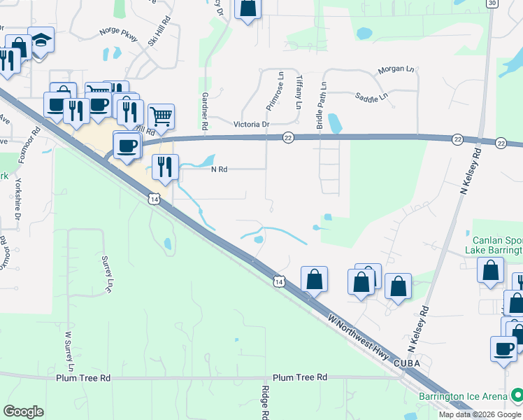 map of restaurants, bars, coffee shops, grocery stores, and more near 1054 West Northwest Highway in Barrington