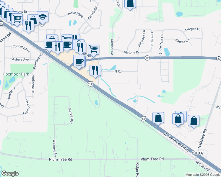 map of restaurants, bars, coffee shops, grocery stores, and more near 1005 South Road in Fox River Grove