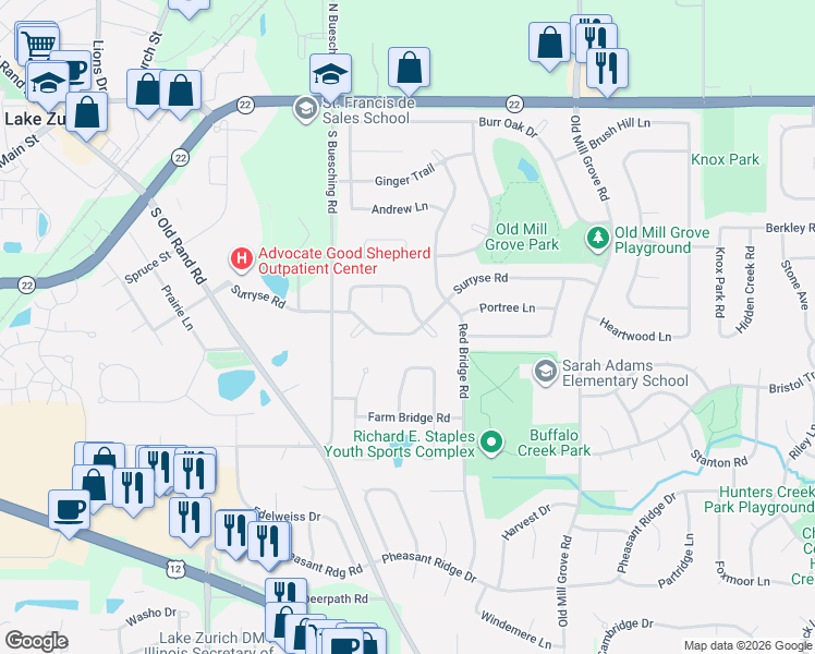 map of restaurants, bars, coffee shops, grocery stores, and more near 525 Surryse Road in Lake Zurich