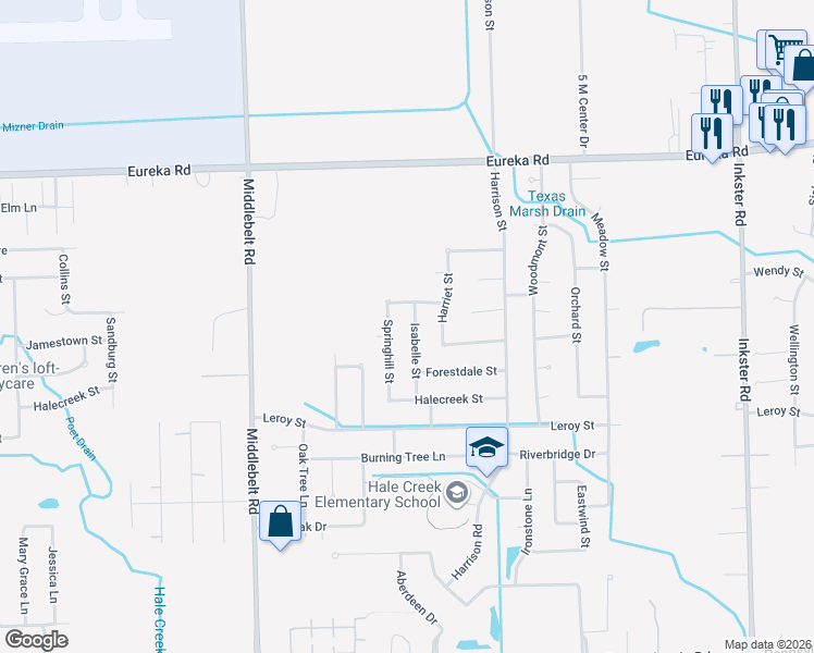 map of restaurants, bars, coffee shops, grocery stores, and more near 15689 Isabelle Street in Romulus
