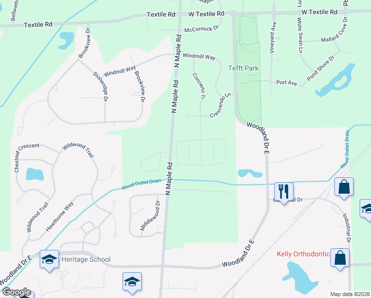 map of restaurants, bars, coffee shops, grocery stores, and more near 6675 North Maple Road in Saline