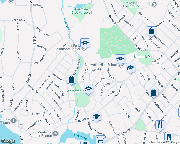 map of restaurants, bars, coffee shops, grocery stores, and more near 24 Mayfair Street in Norwood
