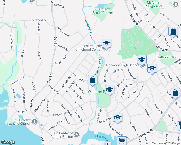 map of restaurants, bars, coffee shops, grocery stores, and more near 72 Westover Parkway in Norwood