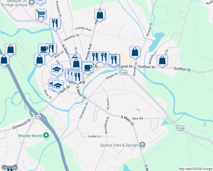 map of restaurants, bars, coffee shops, grocery stores, and more near 7 Curve Street in Millbury