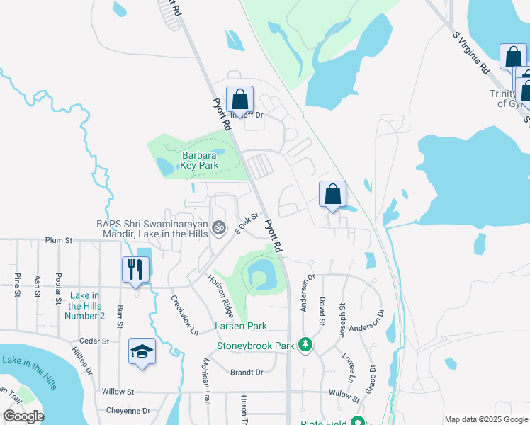 map of restaurants, bars, coffee shops, grocery stores, and more near Pyott Rd & E Oak St in Lake in the Hills
