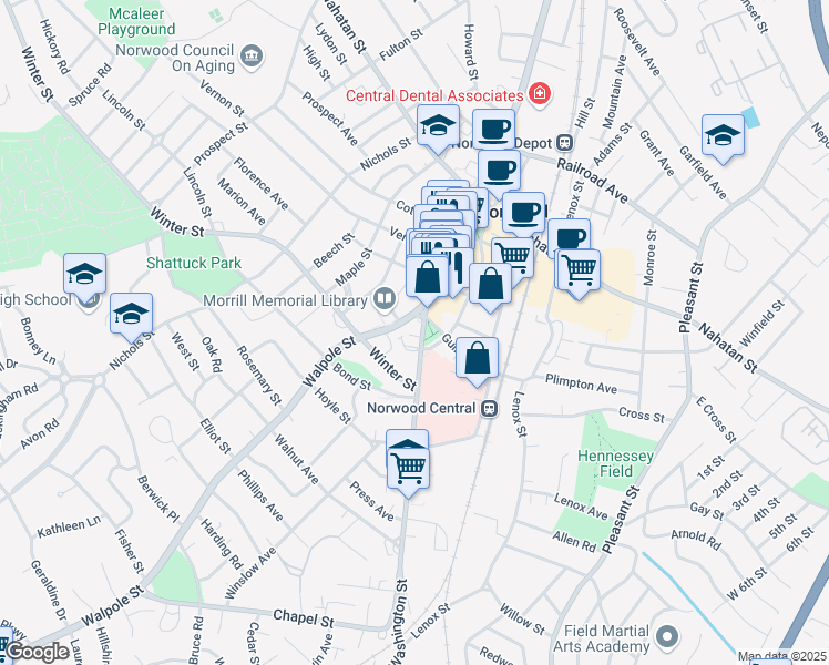 map of restaurants, bars, coffee shops, grocery stores, and more near 34-36 Walpole Street in Norwood