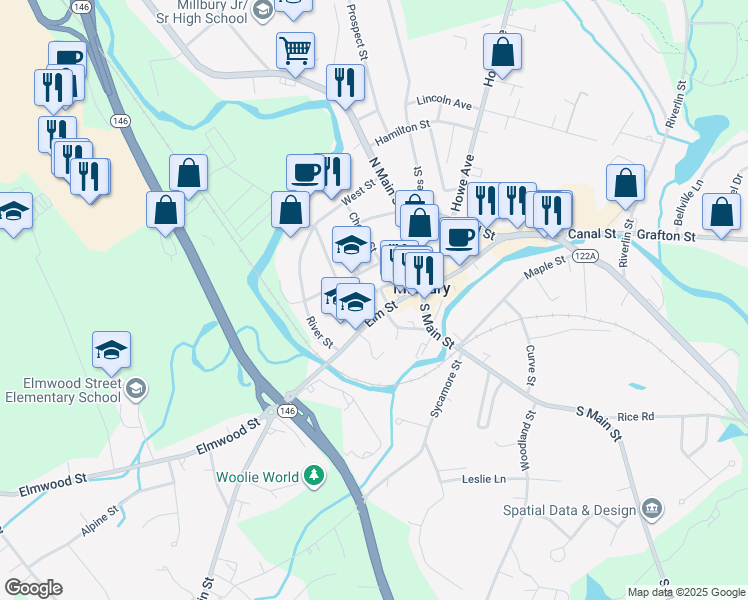 map of restaurants, bars, coffee shops, grocery stores, and more near 12 Elm Street in Millbury