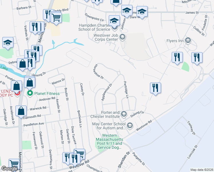 map of restaurants, bars, coffee shops, grocery stores, and more near 111 Applewood Drive in Chicopee
