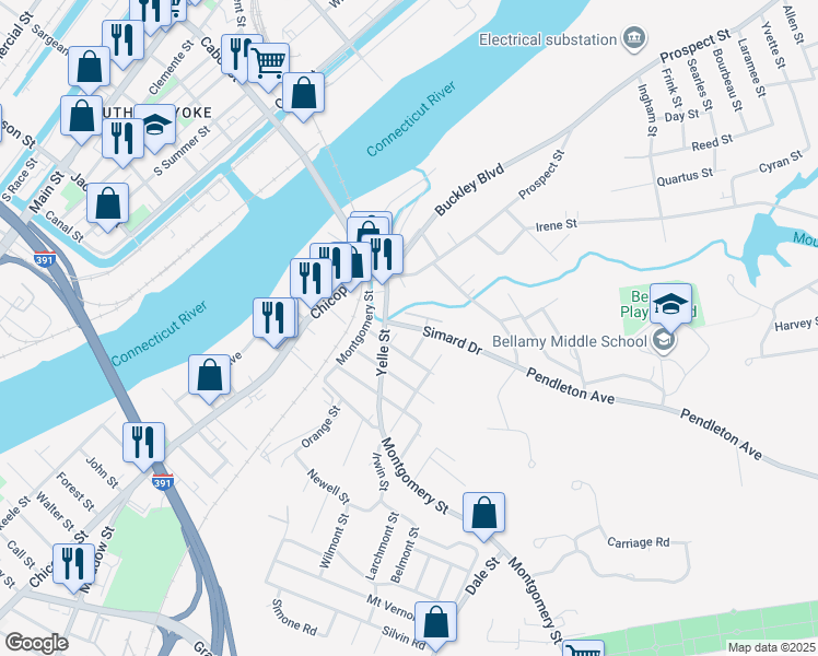 map of restaurants, bars, coffee shops, grocery stores, and more near 36 Massachusetts Avenue in Chicopee