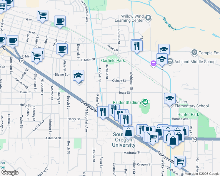 map of restaurants, bars, coffee shops, grocery stores, and more near 1273 Iowa Street in Ashland