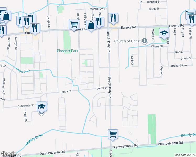 map of restaurants, bars, coffee shops, grocery stores, and more near 15804 McGuire Street in Taylor
