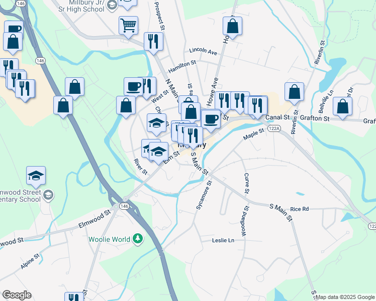 map of restaurants, bars, coffee shops, grocery stores, and more near 117 Elm Street in Millbury