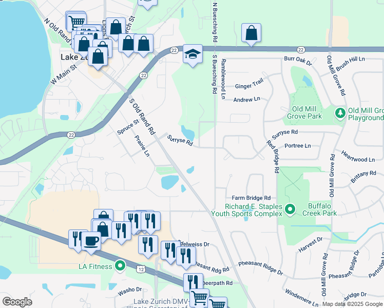 map of restaurants, bars, coffee shops, grocery stores, and more near 365 Surryse Road in Lake Zurich