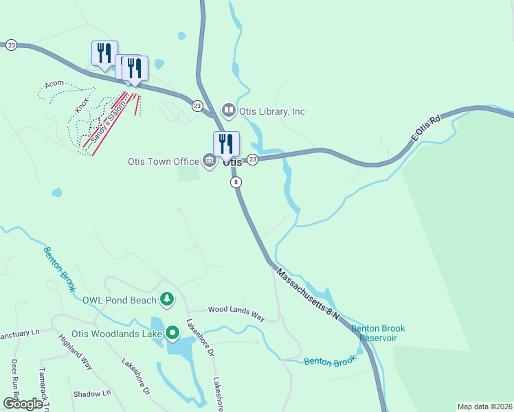 map of restaurants, bars, coffee shops, grocery stores, and more near South Main Road in Otis