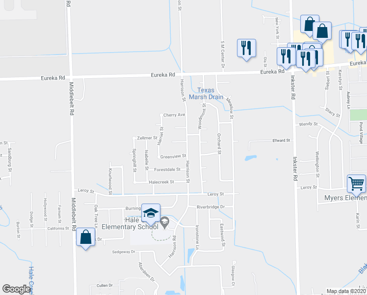 map of restaurants, bars, coffee shops, grocery stores, and more near 15630 Harrison Street in Romulus