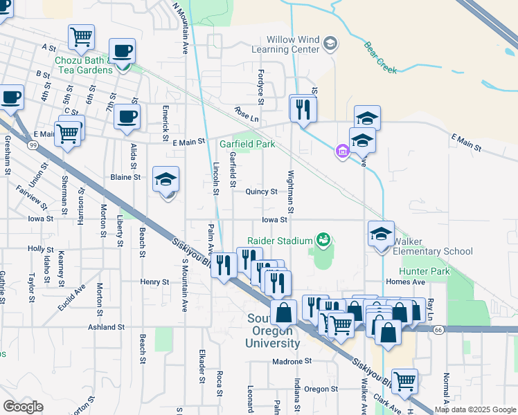 map of restaurants, bars, coffee shops, grocery stores, and more near 1301 Iowa Street in Ashland