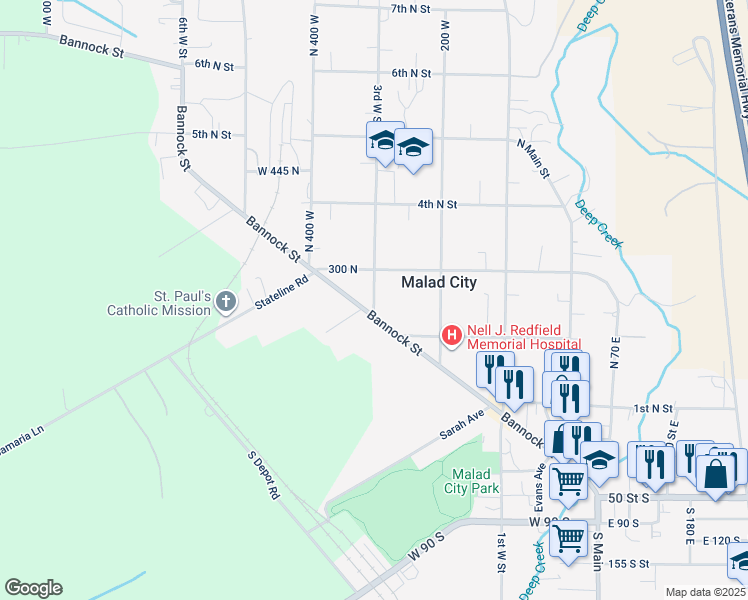 map of restaurants, bars, coffee shops, grocery stores, and more near 232 3rd West Street in Malad City
